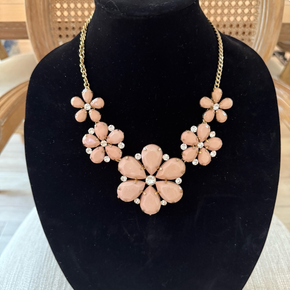 Floral Statement Necklace Peach Flowers & Rhinestones